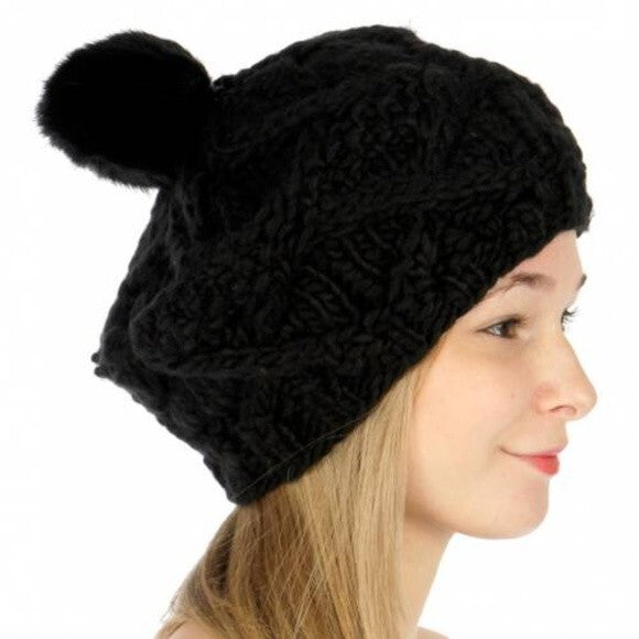 Women's Faux Fur Pom Pom Cable Knit Beret Black for Winter Weather