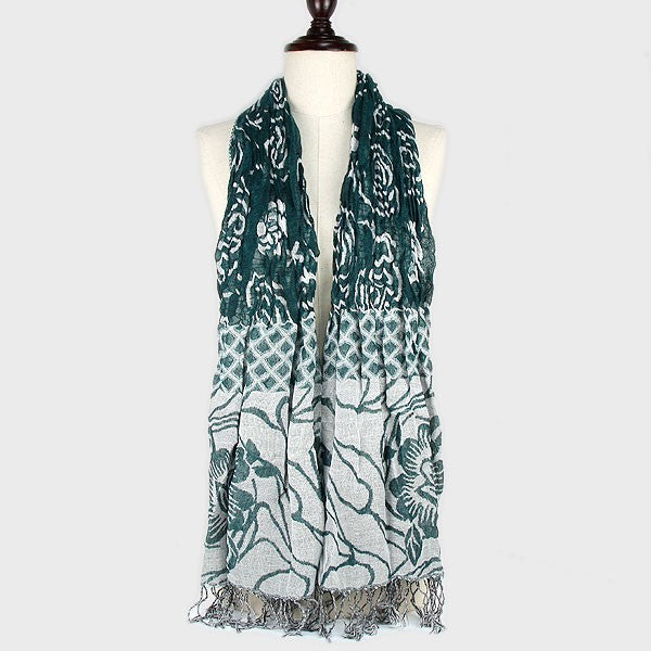 Forest Mist Fringe Shawl Women’s Green Floral Lightweight Scarf with Fringes