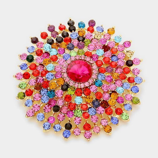 2pc Crystal Sunburst Flower Brooch Pin Set Rose Gold Clear & Gold Multi-Color 2
