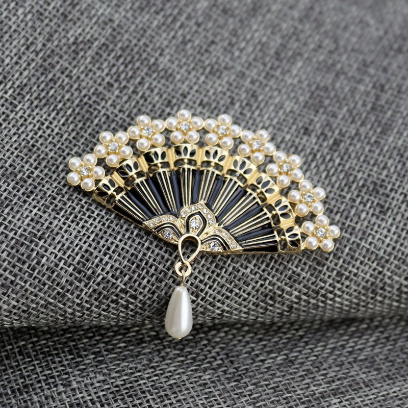 2pcs Folding Fan Brooch Pin Pearl Rhinestone Vintage Enamel Jewelry Set