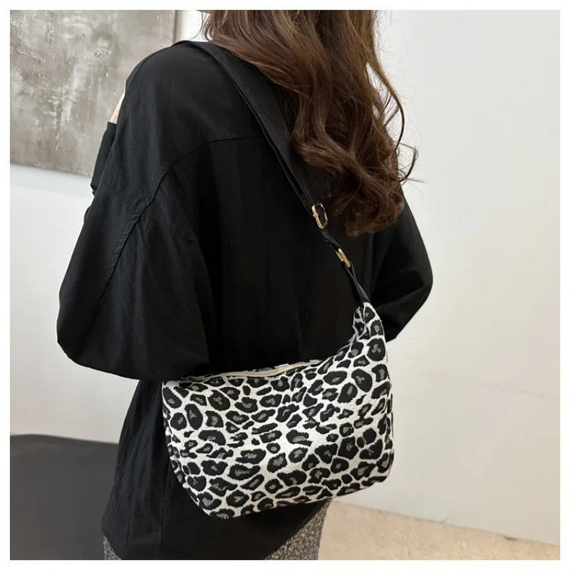 Leopard Print Hobo Shoulder Bag Y2K Style Black White Baguette Purse