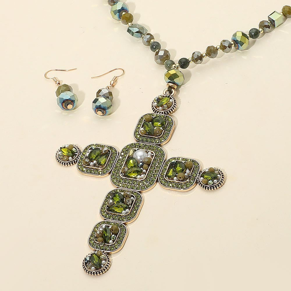 Long Green Beaded Cross Necklace & Dangle Earrings Set Antique Gold Tone