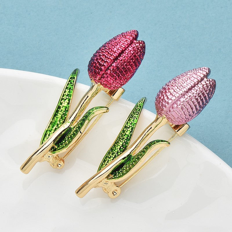 2pcs Tulip Flower Brooch Pin Pink & Red Enamel Floral Jewelry Set Gift