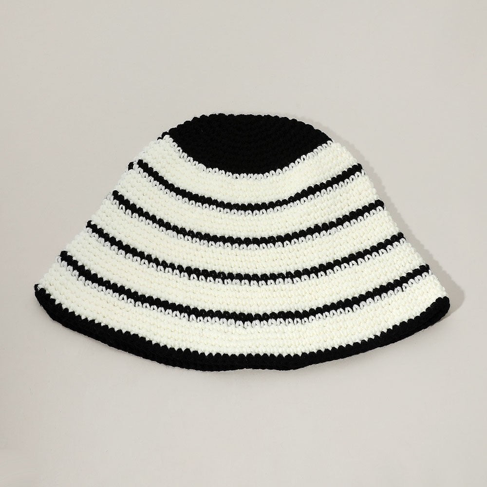 Chic Black and White Striped Crochet Bucket Hat Summer Sun Beach Accessory