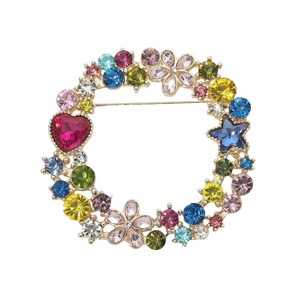 Multicolor Rhinestone Wreath Brooch Pin Heart Star Flower Gold Tone Jewelry