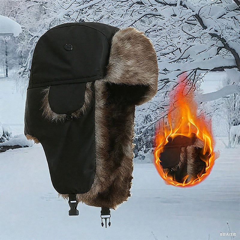 Black Faux Fur Trapper Hat Warm Winter Trooper Aviator Ski Cap Ear Flaps