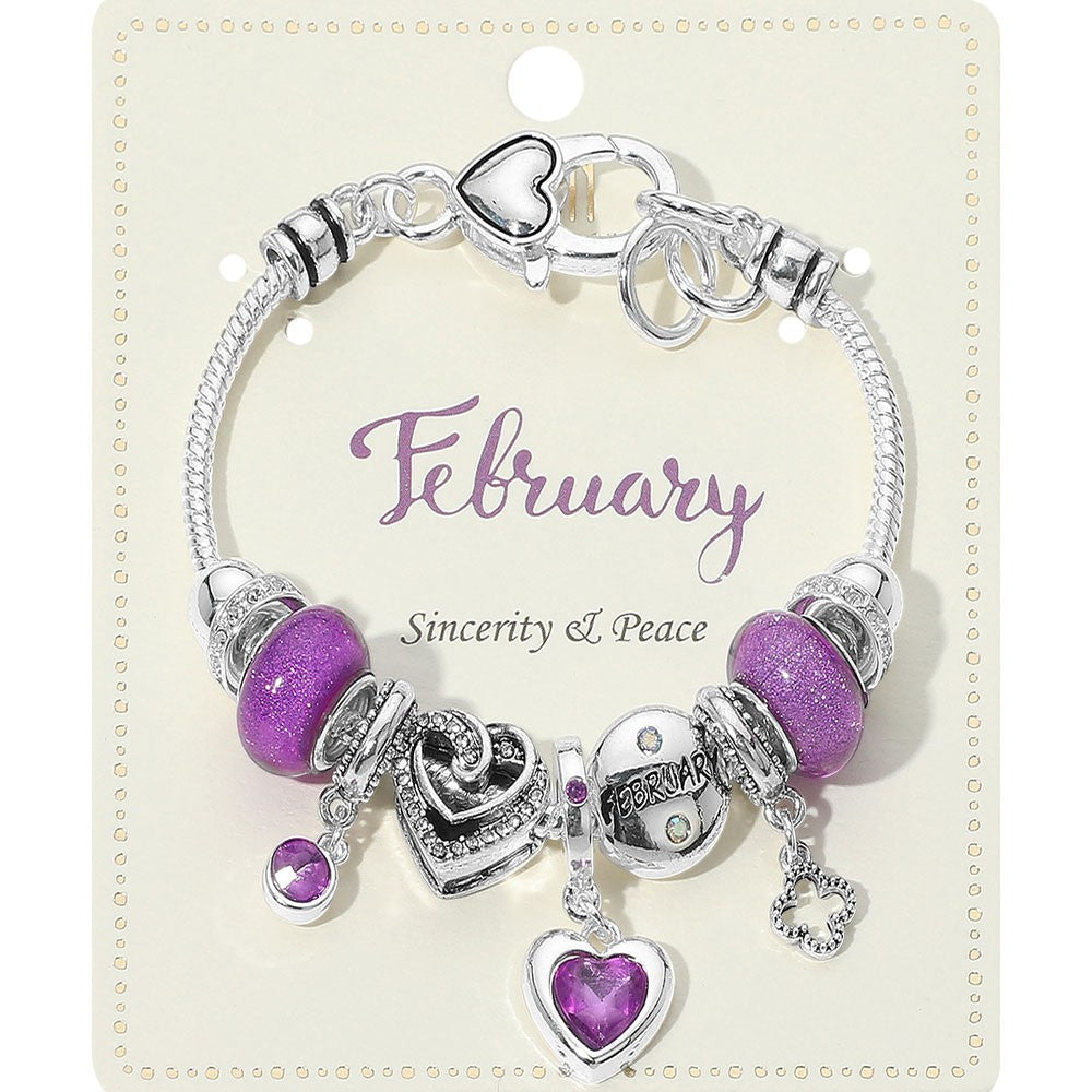 February Birthstone Bracelet Purple Beaded Heart Charm Stretch Jewelry Gift