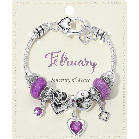 February Birthstone Bracelet Purple Beaded Heart Charm Stretch Jewelry Gift