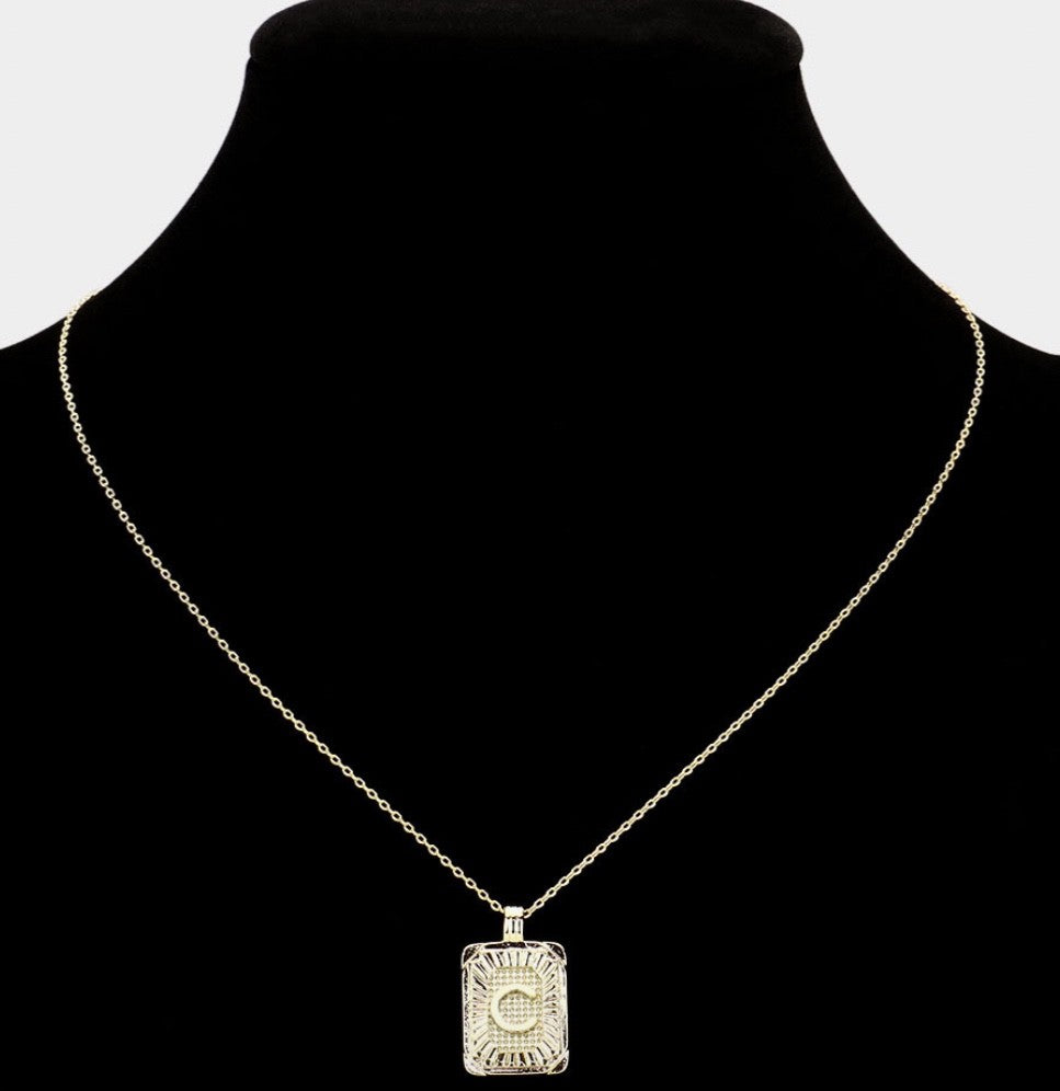 Gold Initial "C" Rectangular Sunburst Pendant Necklace - Brass Fashion Jewelry