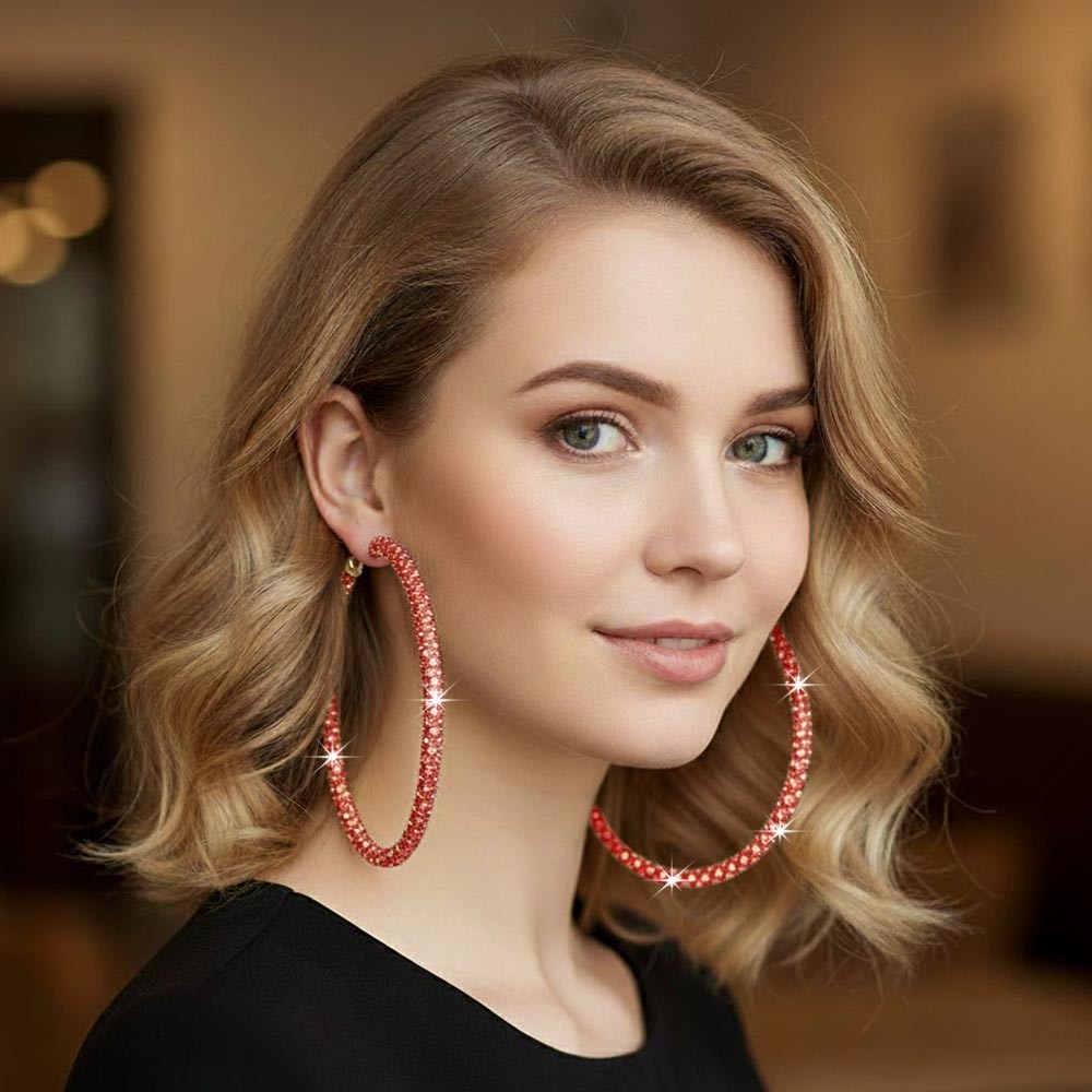 Oversized Red Rhinestone Hoop Earrings 4" Sparkly Party Statement Jewelry Women