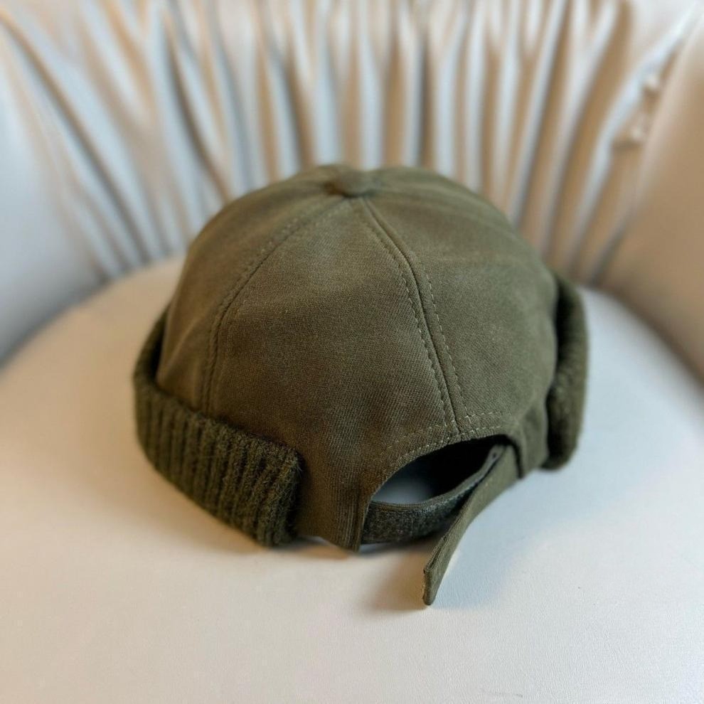 Military Green Canvas Docker Cap Miki Hat Ribbed Cuff Adjustable Strap