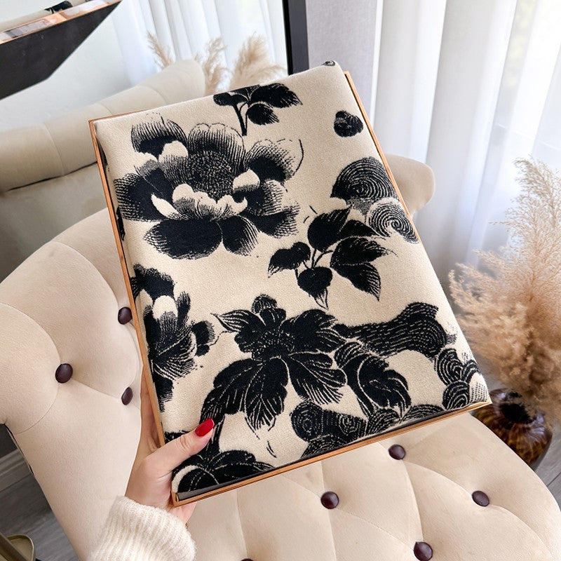 2PCs Reversible Black & Beige Floral Print Shawl Scarf Oversized Luxury Wrap