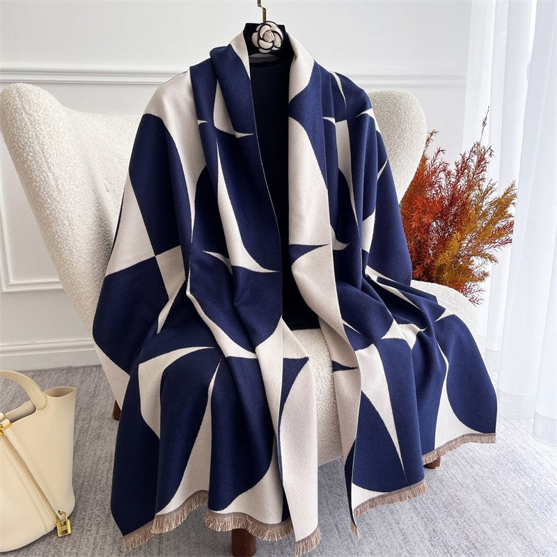 Navy Blue Geometric Pattern Winter Shawl Scarf Wrap