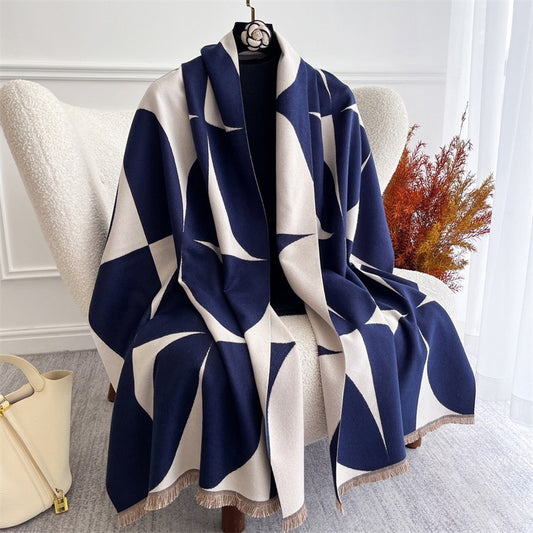Navy Blue Geometric Pattern Winter Shawl Scarf Wrap