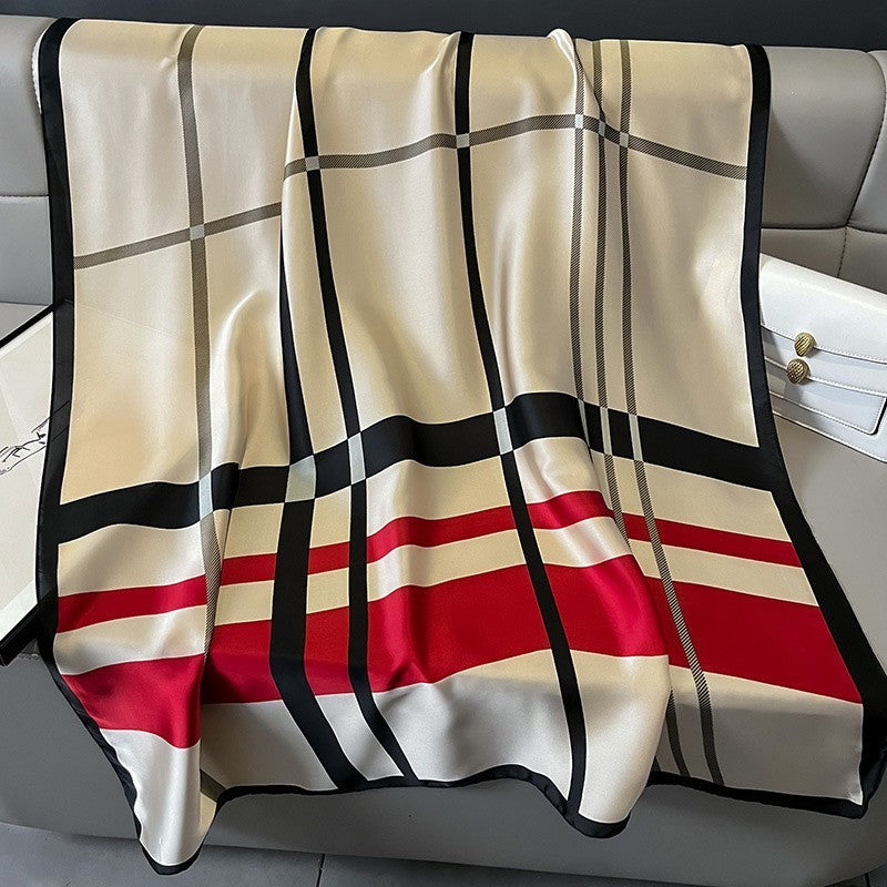 Silk Feel Beige Red Black Plaid Scarf Shawl Wrap | Women’s Satin Check Print