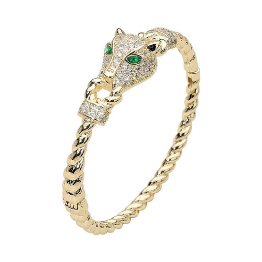 Gold Plated Panther Head Bracelet CZ Crystal Green Eyes Twisted Bangle