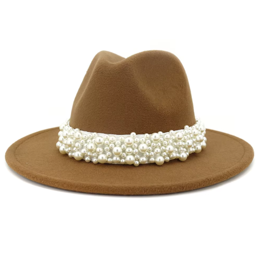 White Felt Jazz Fedora Hat with Pearl Band Wide Brim Elegant Dressy Accessory