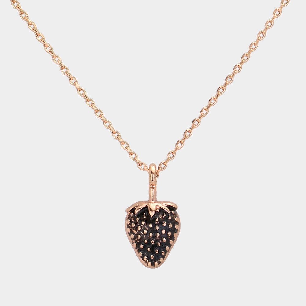 Vintage Rose Gold Strawberry Metal Pendant Necklace and Earring Set for Women