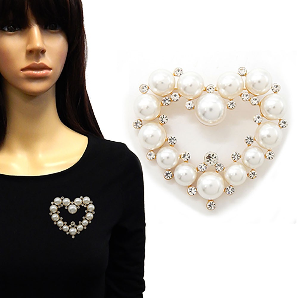 2PCs Faux Pearl Rhinestone Heart Brooch Set Gold & Silver Tone Pin Gift Duo