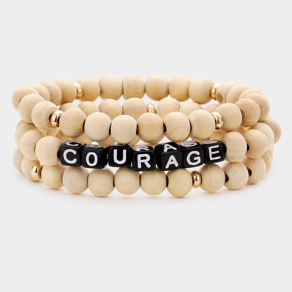 3PCS COURAGE Stretch Bracelets for Men Women Wood Bead Layered Wristbands Beige