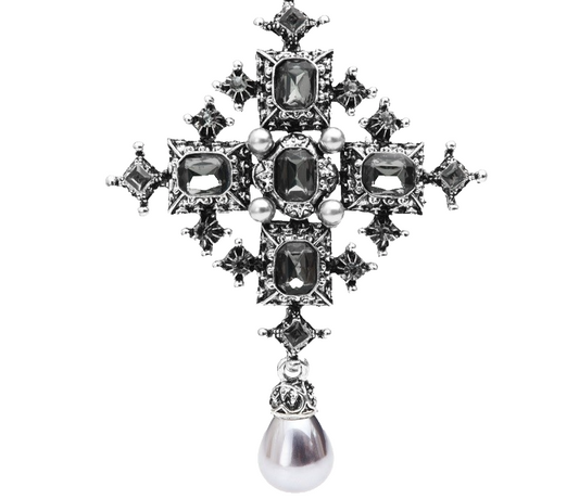 Vintage Gothic Gray Crystal Cross Brooch Faux Pearl Dangle Pin Royal Style