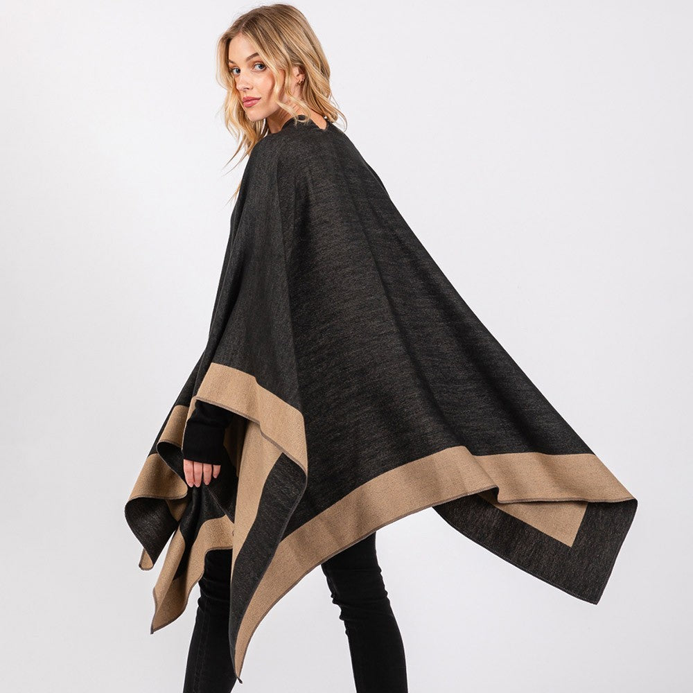 Two Tone Ruana Poncho Women Pull Through Shawl Knit Cape Wrap Cozy Layering