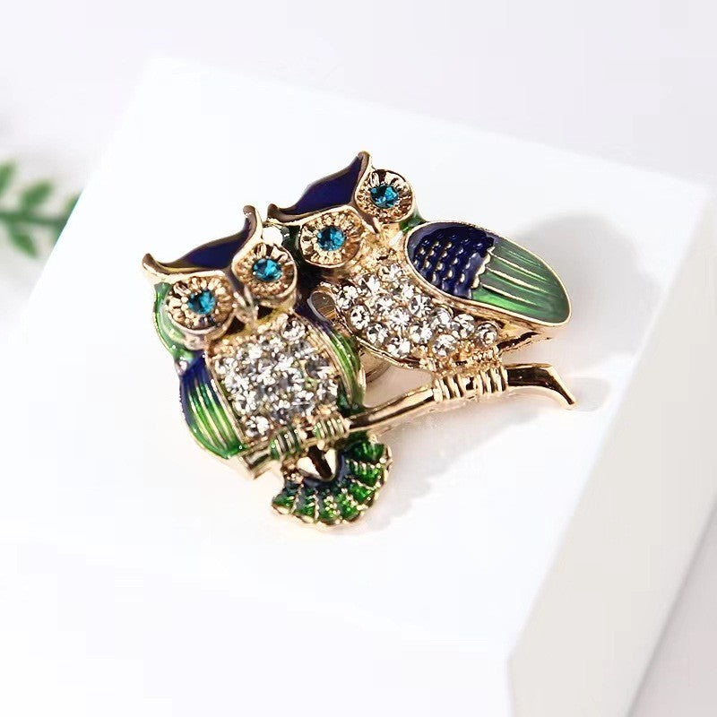 Owl Couple Brooch Pin Rhinestone Enamel Bird Jewelry Gift