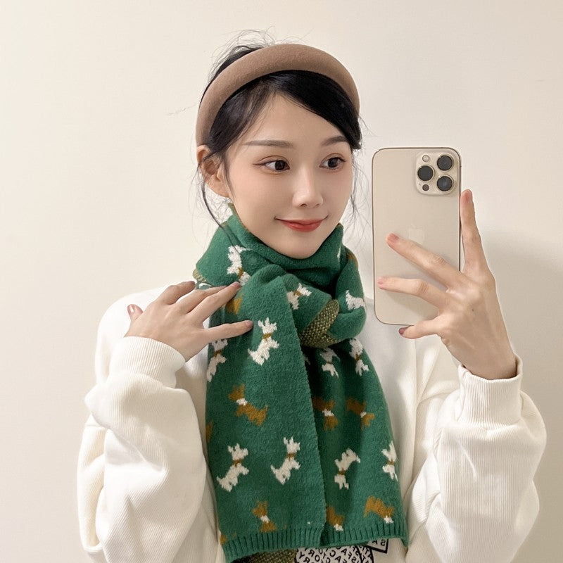 Green Knit Dog Animal Pattern Scarf Long Warm Winter Wrap Unisex Gift New