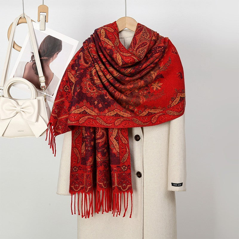 Red Paisley Shawl Wrap Scarf Extra Large Polyester Stole with Tassels 71" x 25.6