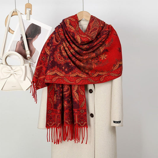Red Paisley Shawl Wrap Scarf Extra Large Polyester Stole with Tassels 71" x 25.6