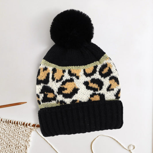 Leopard Patterned Cuffed Beanie Hat Black One Size 100% Polyester with Pom Pom