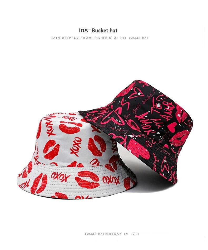 2X Reversible Bucket Hat Set Lips XOXO Graffiti Print Black White Unisex Y2K