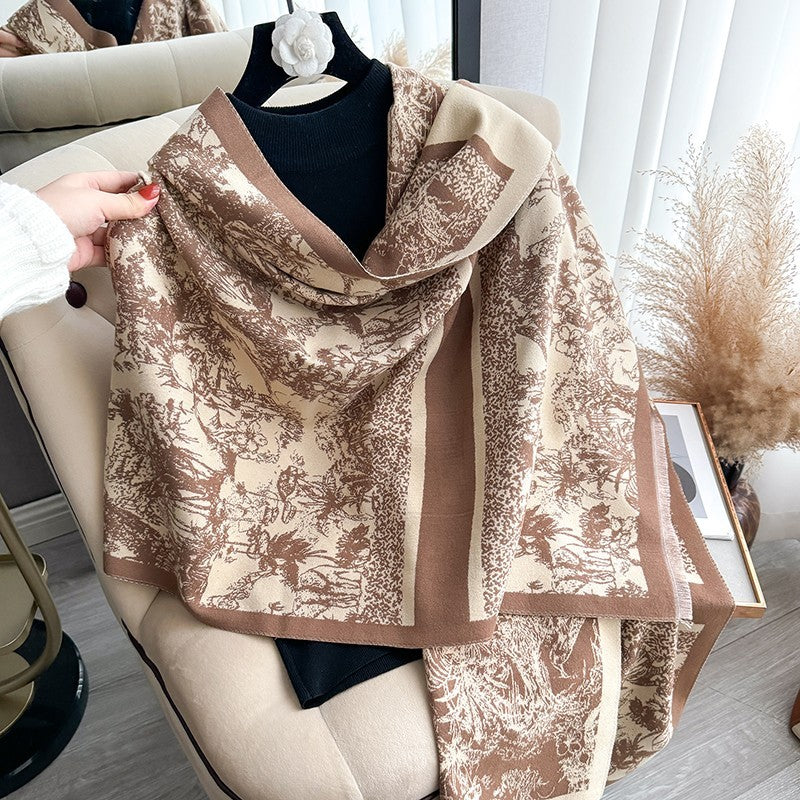 Oversized Light Tan Toile De Jouy Print Blanket Scarf Shawl Wrap Fringed Warm