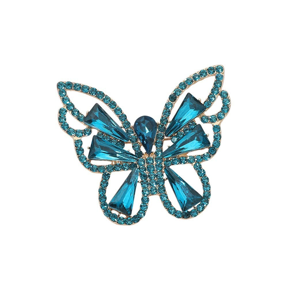 Elegant Gold Tone Blue Zircon Stone Cluster Butterfly Pin Brooch for Womens