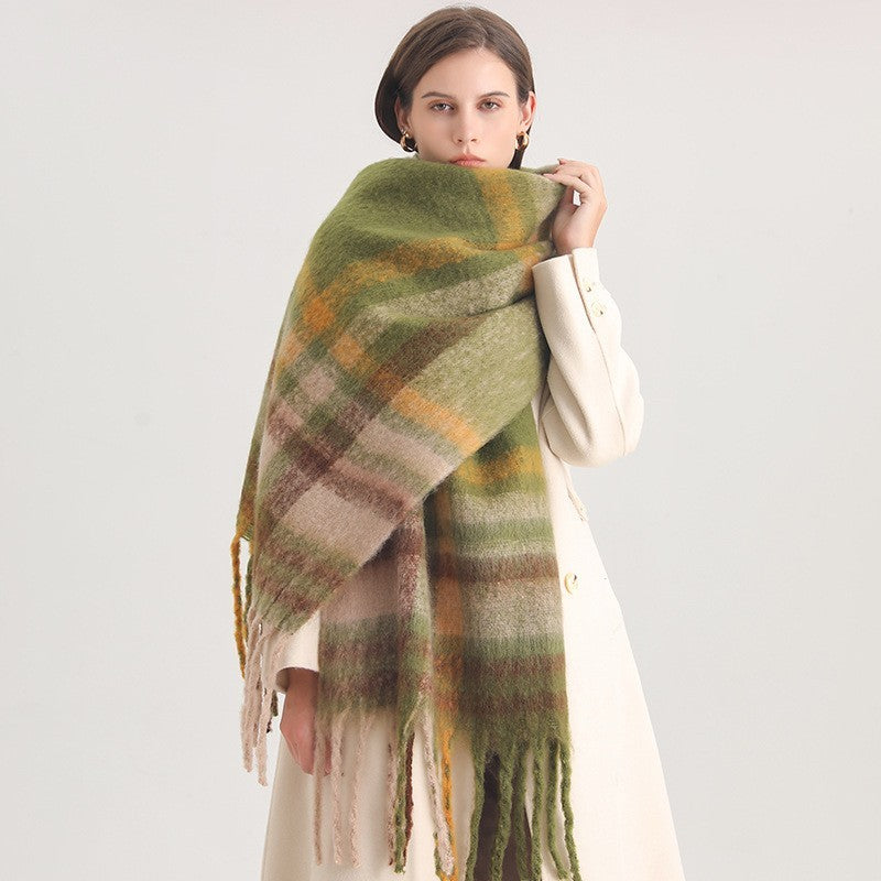Plaid Checkered Scarf Womens Winter Warm Green  Fringe Wrap