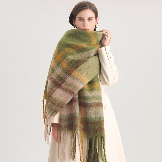 Plaid Checkered Scarf Womens Winter Warm Green  Fringe Wrap