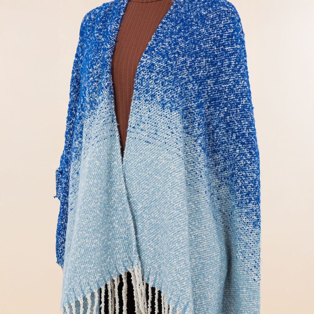Gradient Blue Open Knit Shawl Wrap with Fringe Detail in Soft Acrylic Yarn