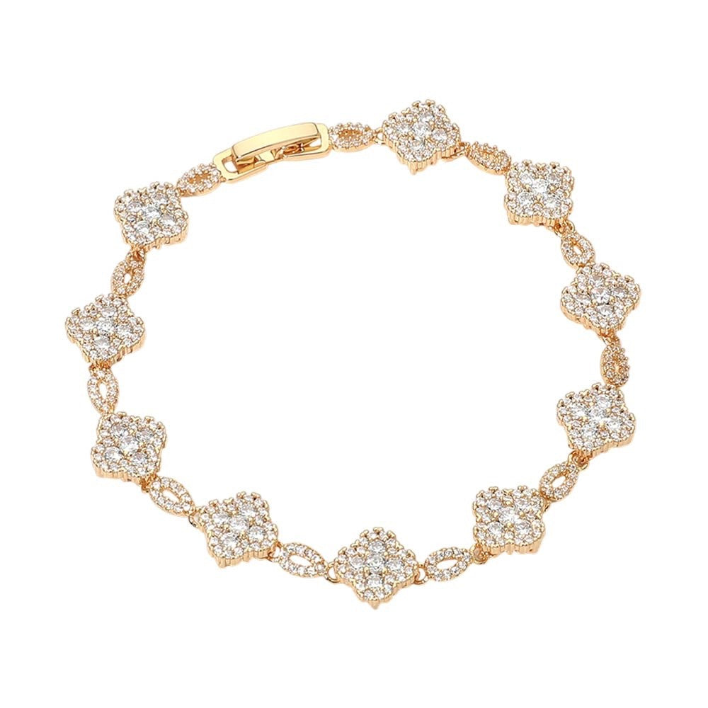 Gold Tone Pave Cubic Zirconia Clover Cluster Link Bracelet Elegant Jewelry