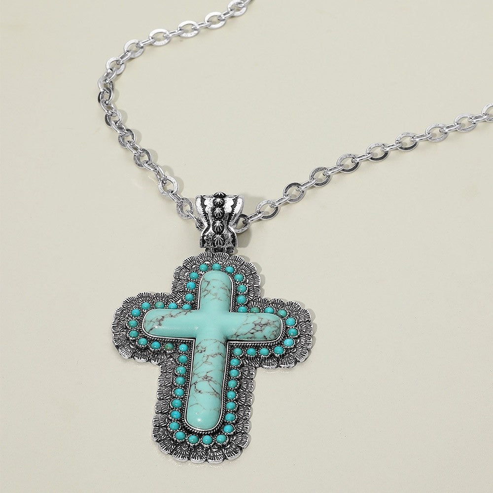 Western Turquoise Style Scalloped Cross Pendant Statement Necklace 24 Inches