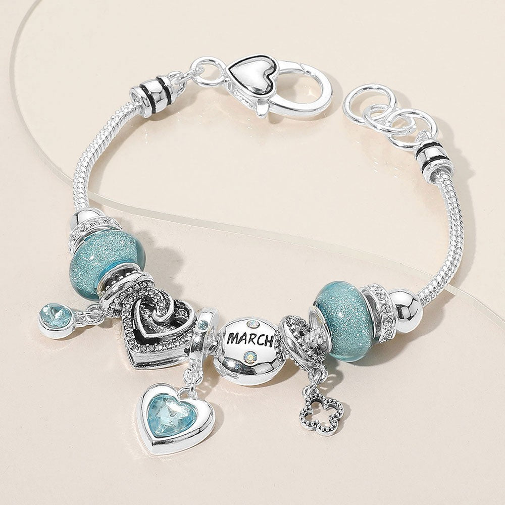 March Birthstone Heart Charm Beaded Bracelet Aqua Multi Layer Stretch Jewelry