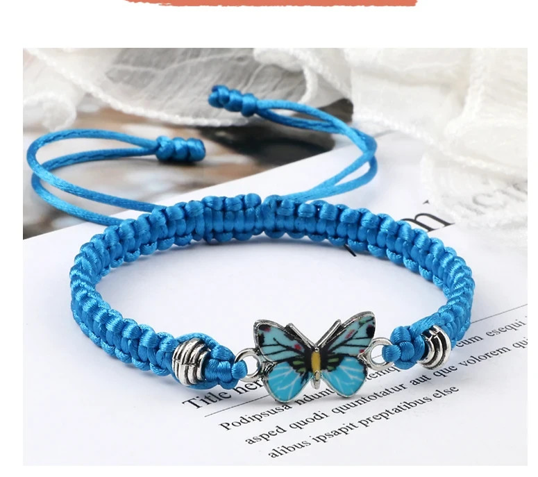 Blue Butterfly Pendant Bracelet for Women Handmade Braided String Adjustable Cha