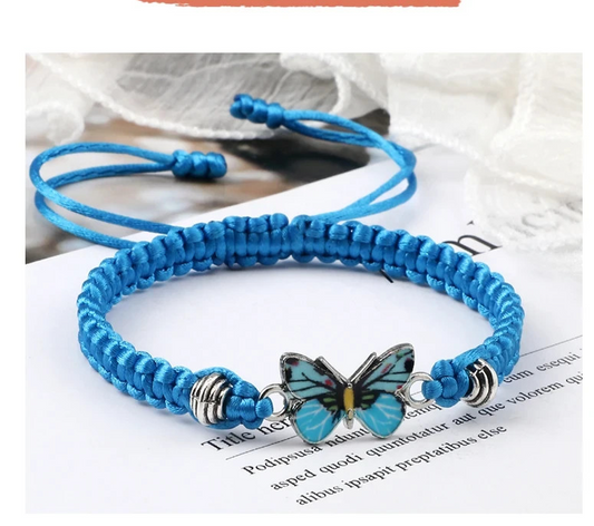 Blue Butterfly Pendant Bracelet for Women Handmade Braided String Adjustable Cha