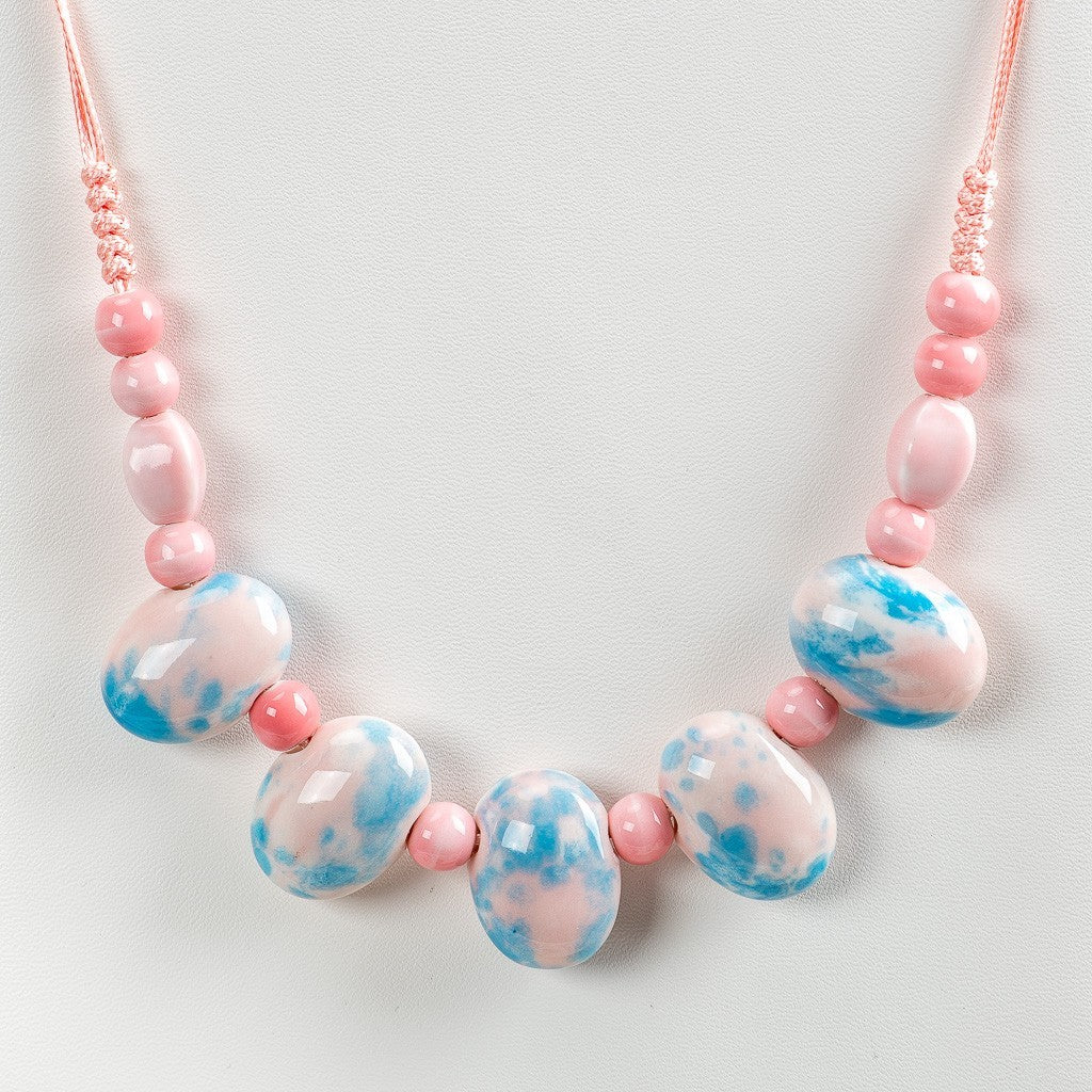 Blue Pink Ceramic Bead Necklace Cobblestone Pendant Boho Vintage Jewelry