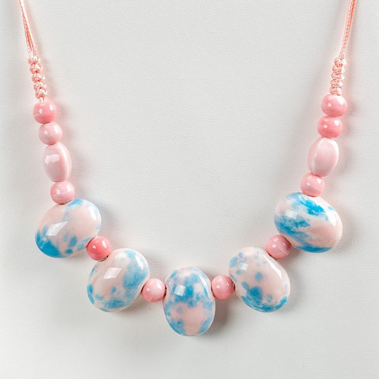 Blue Pink Ceramic Bead Necklace Cobblestone Pendant Boho Vintage Jewelry