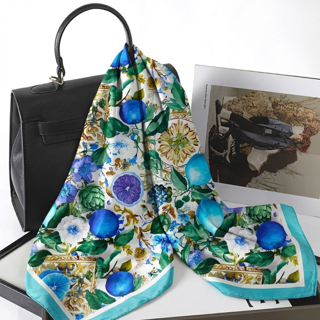 Blue Citrus Fruit Floral Print Square Silk Feel Scarf Neckerchief Headband