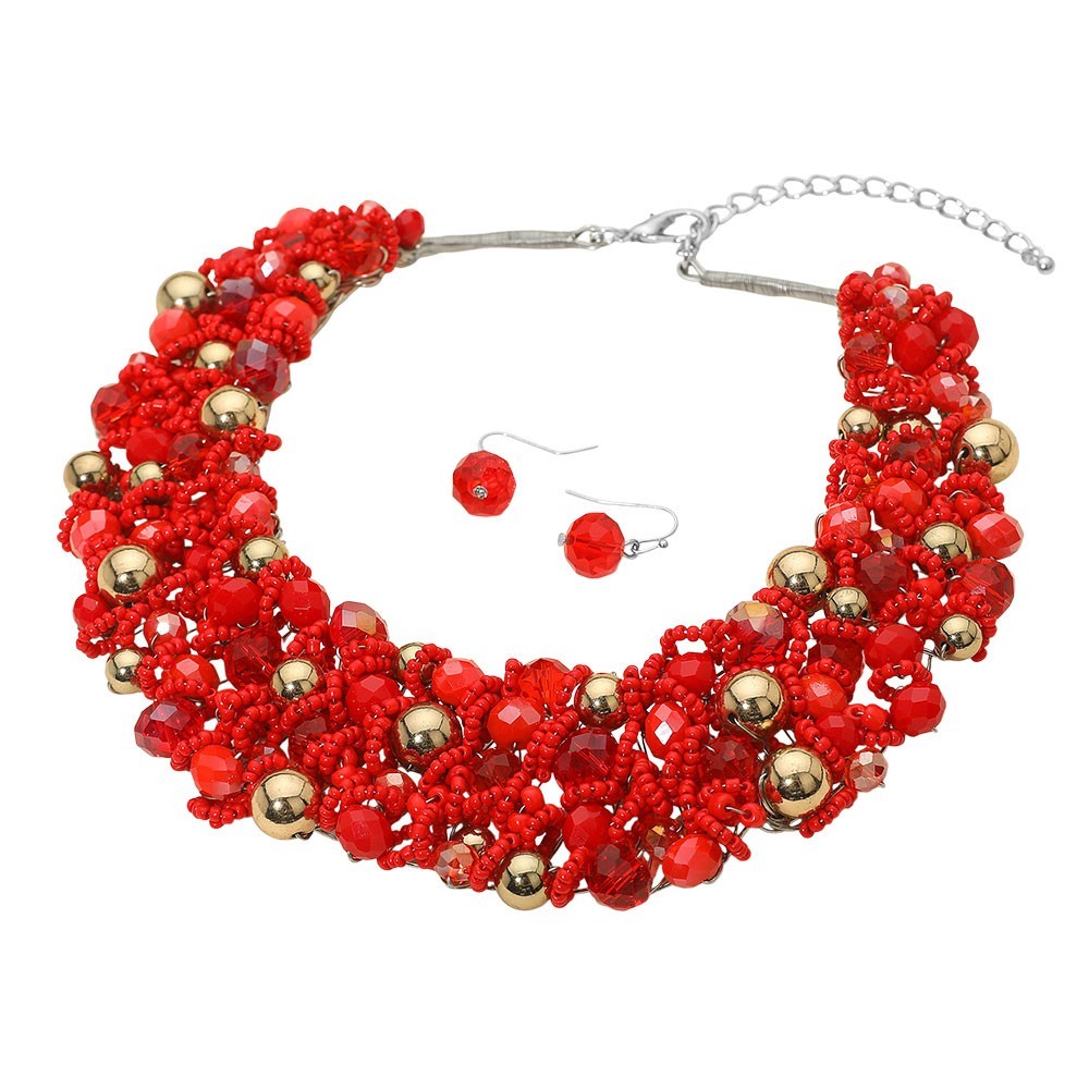 Faceted Beaded Collar Statement Necklace for Women Red Jewelry for Ladies