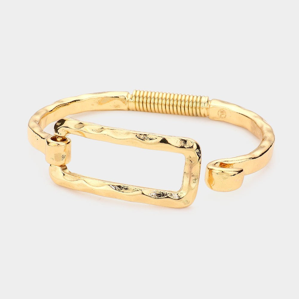 Metal Cut Out Rectangle Hook Bracelet Gold Tone Minimalist Cuff Jewelry