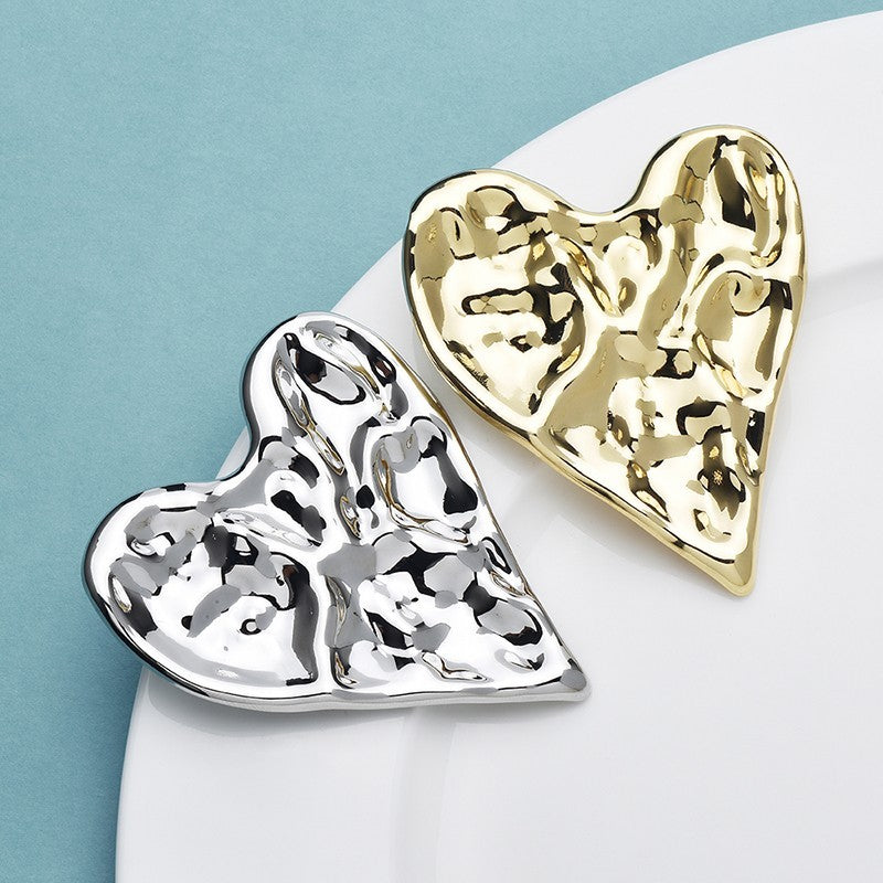 2pcs Hammered Heart Brooch Set 18K Gold Plated Stainless Steel Pin
