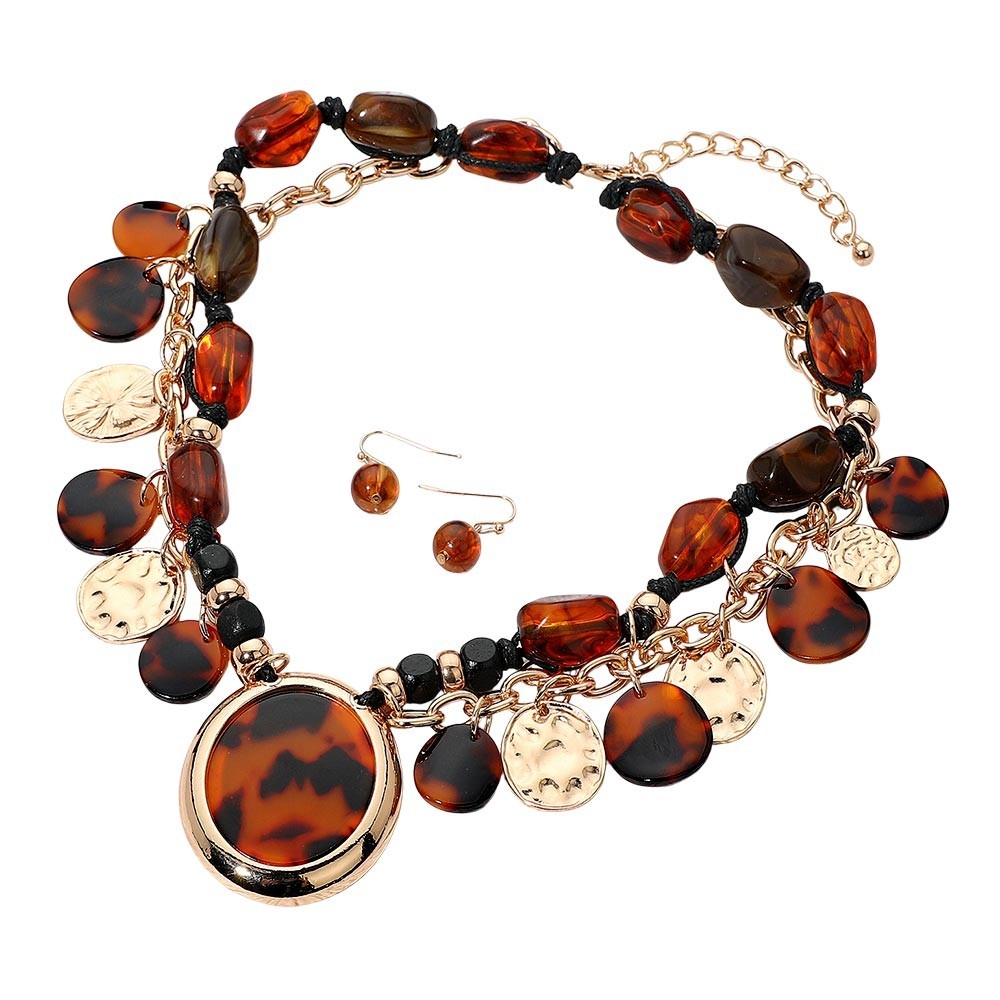 Tortoiseshell & Gold Tone Layered Charm Statement Necklace & Earrings Set