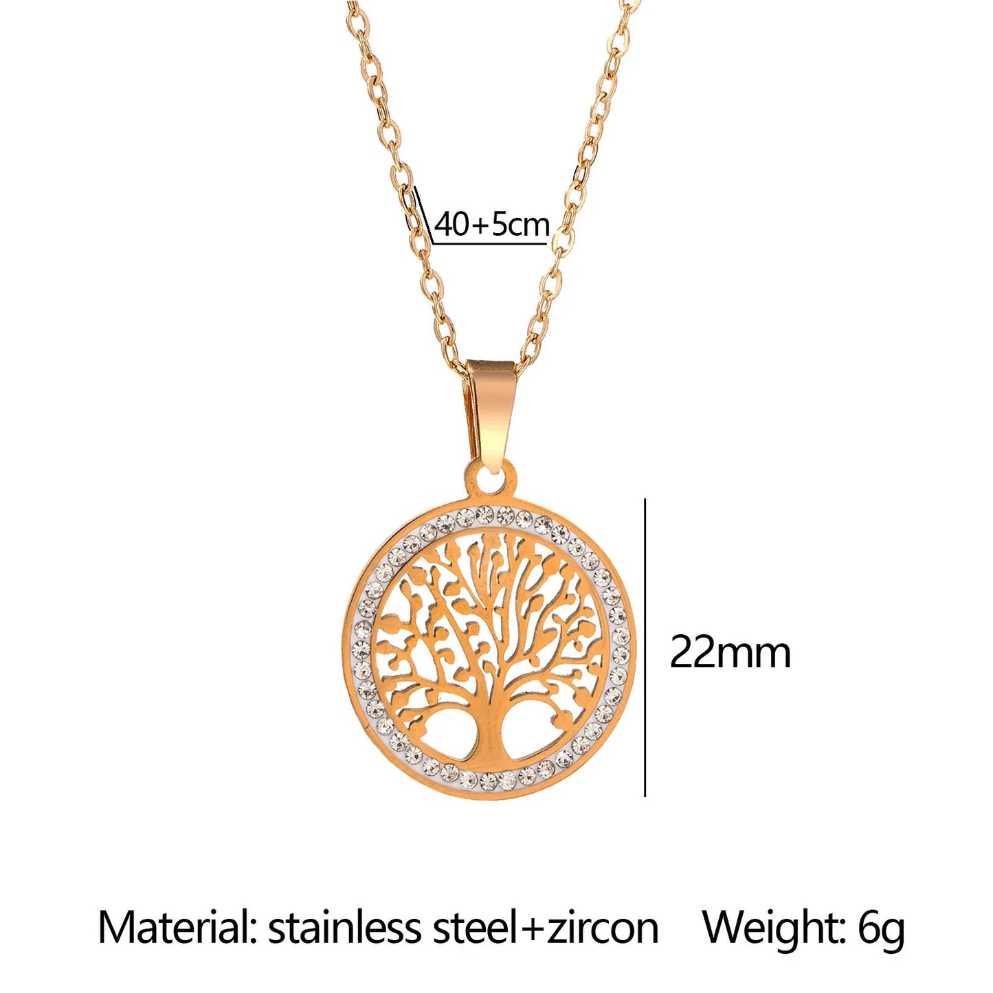 Gold Color Tree of Life Necklace for Women Stainless Steel Zircon Pendant Gift
